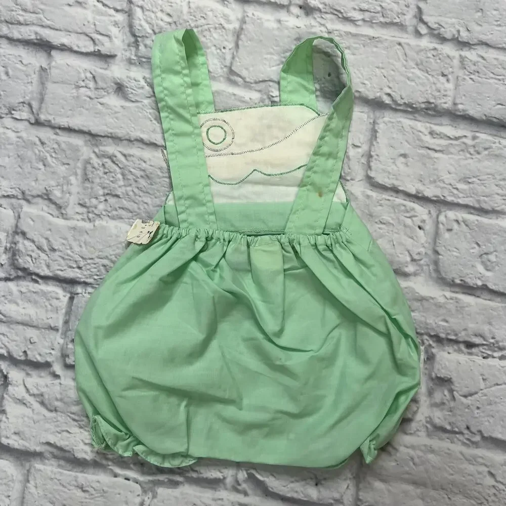 Vintage New Mayfair Baby Romper Overall Green Boat Gingham Newborn Neutral